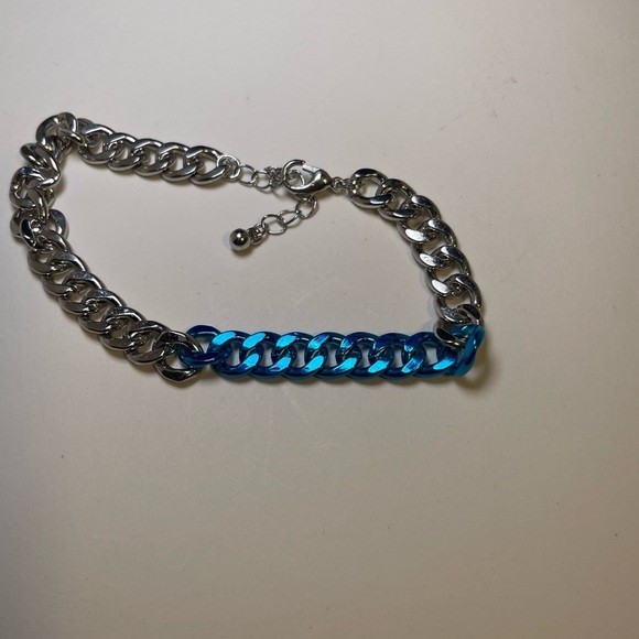 Men’s Silver and Blue Tone Cuban Chain Link Bracelet 8” with 2” Extension - Picture 4 of 6